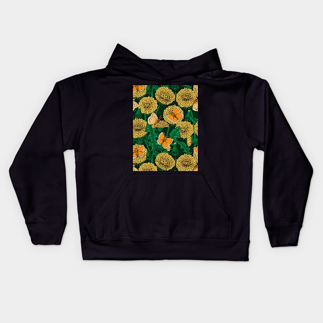 Dandelion meadow on dark green Kids Hoodie by katerinamk